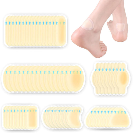 Blister Bandages for Feet 64pcs Gel Blister Pads, Water Resistant Hydrocolloid Bandages for Foot, Toe, Heel, Adhesive Blister Cushions for Prevention & Recovery