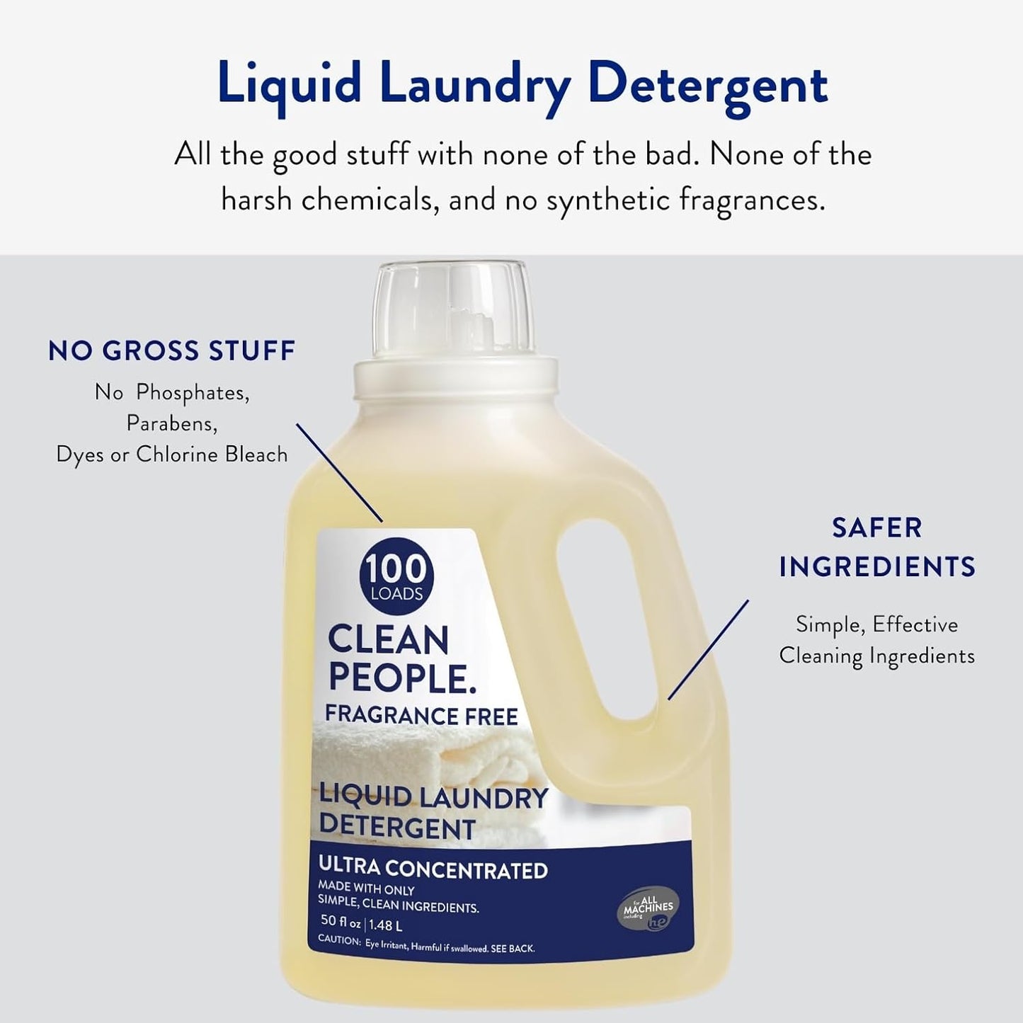 The Clean People Liquid Laundry Detergent - Recyclable Packaging, Stain Fighting - Ultra Concentrated, Laundry Soap - Fragrance Free, 200 Loads