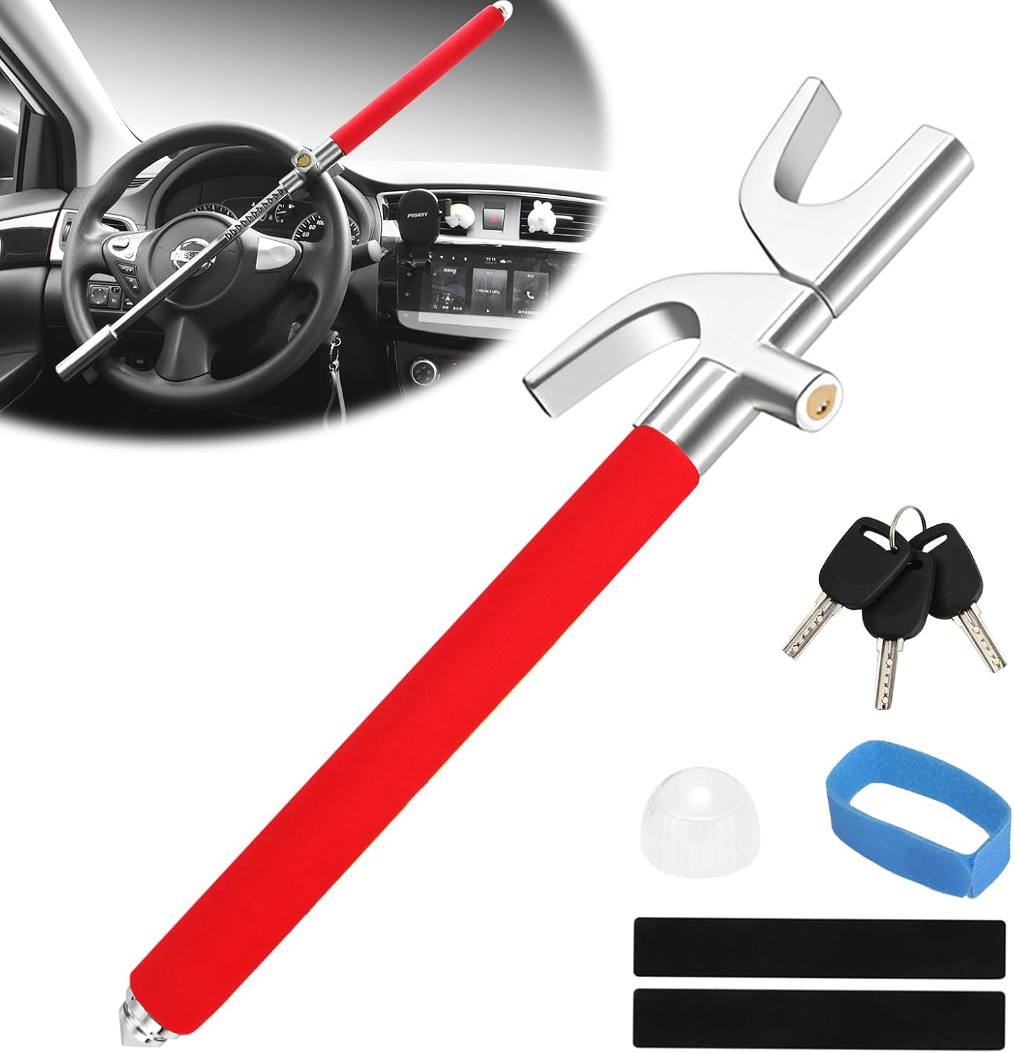 Car Steering Wheel Lock, Anti Theft Car Device for Car Steering Wheel, Car Security Car Theft Prevention with 3 Keys and Safety Hammer Fit for All Cars (Red)