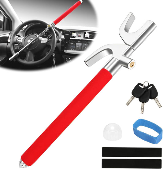 Car Steering Wheel Lock, Anti Theft Car Device for Car Steering Wheel, Car Security Car Theft Prevention with 3 Keys and Safety Hammer Fit for All Cars (Red)