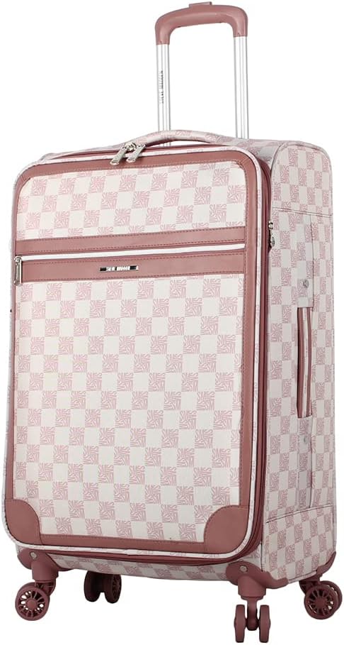 Steve Madden Designer Luggage Collection - Lightweight 24 Inch Expandable Softside Suitcase - Mid-size Rolling 4-Spinner Wheels Checked Bag (Chalet Pink, 24in)