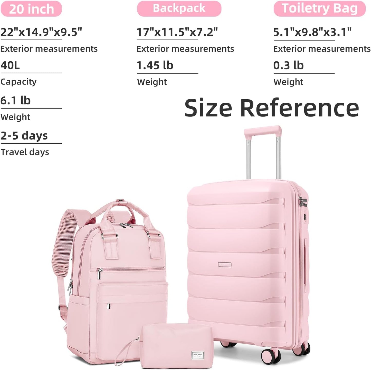 Carry On Luggage 22x14x9 Airline Approved, 22 Inch PP Hardshell Luggage Carry-on Suitcase with Spinner Wheels, Carry On Suitcase Set for Women (Pink)