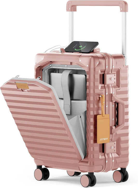 Joyway 20 Inch Carry on Luggage with Aluminium Frame and Front Pocket, PC Hardshell Suitcase with USB Port and Cup Holder, 21.5x14.2x9 Airline Approved, Luggage with Spinner Wheel TSA Lock(Rose Gold)