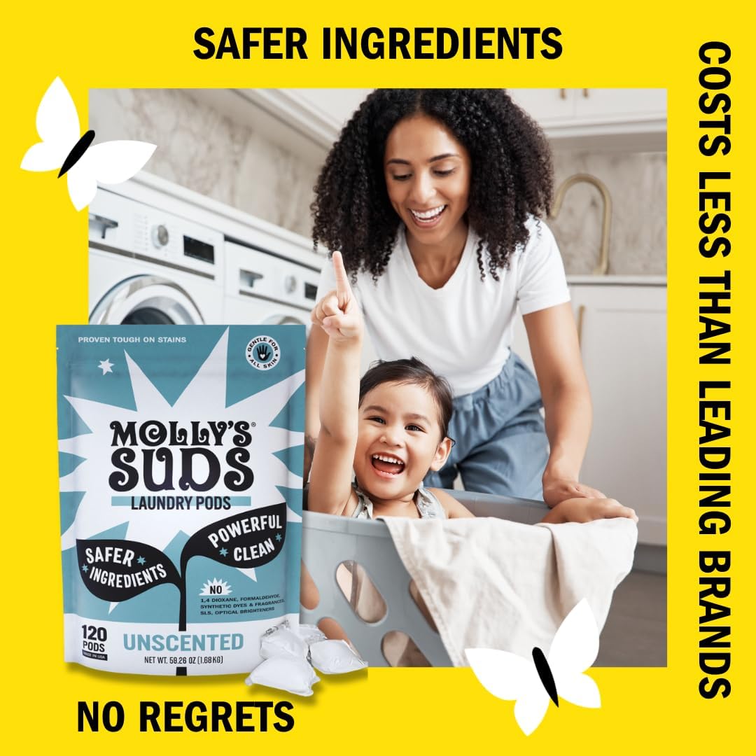 Molly's Suds Laundry Detergent Pods | Clean Detergent for Sensitive Skin | Ultra Concentrated and Stain Fighting | Unscented - 60 Count