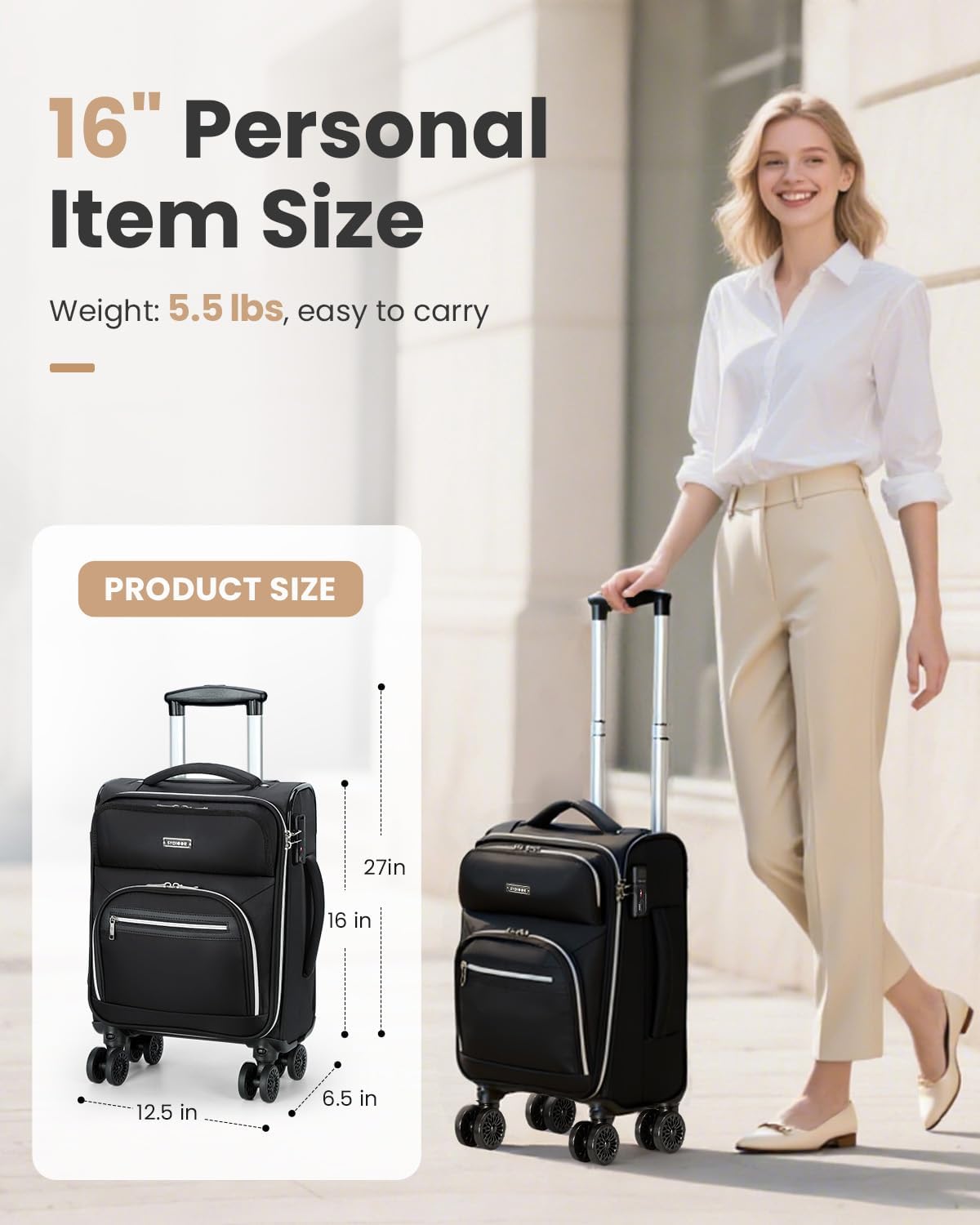 Underseat Carry On luggage Airline approved, 16-inch Softside Underseater Travel Suitcases with Wheels Lightweight Overnight Bag Small Rolling Carry-on for Women,Black