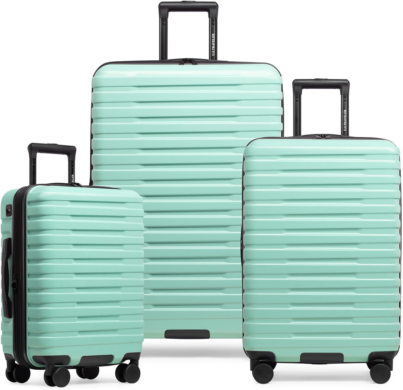 U.S. Traveler Boren Polycarbonate Hardside Rugged Travel Suitcase Luggage with 8 Spinner Wheels, Aluminum Handle, Mint, 3-Piece Set, USB Port in Carry-On