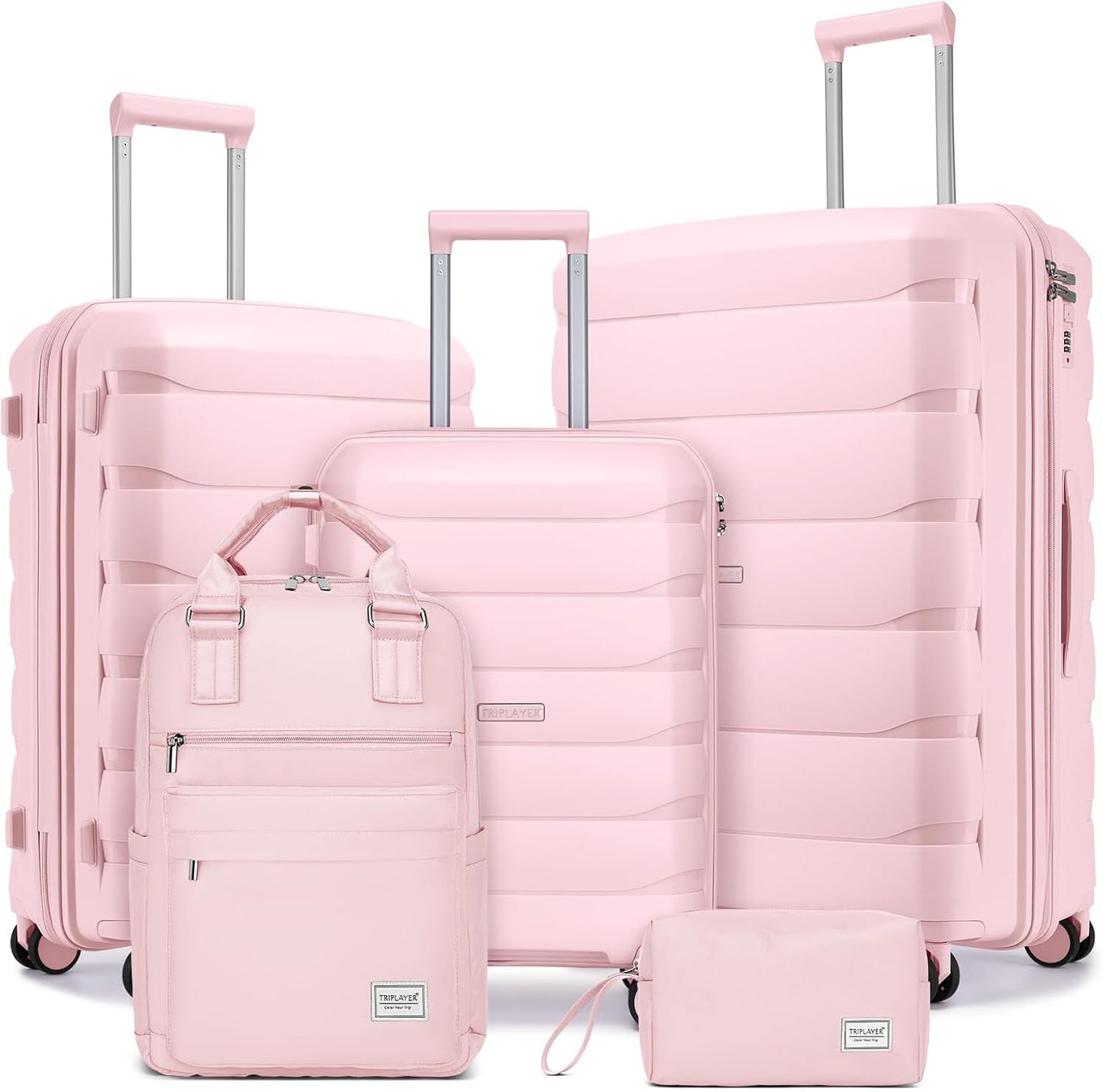 Luggage Sets 5 Pieces, PP Hardshell Suitcase Set with Spinner Wheels, Suitcases for Women (Pink)