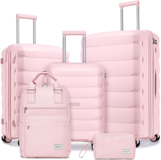 Luggage Sets 5 Pieces, PP Hardshell Suitcase Set with Spinner Wheels, Suitcases for Women (Pink)