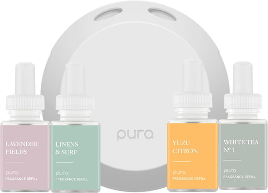 Pura 4 Smart Home Fragrance Device Starter Set - Scent Diffuser for Home- Linens & Surf, Lavender Fields, White Tea No. 1, Yuzu Citron Scent