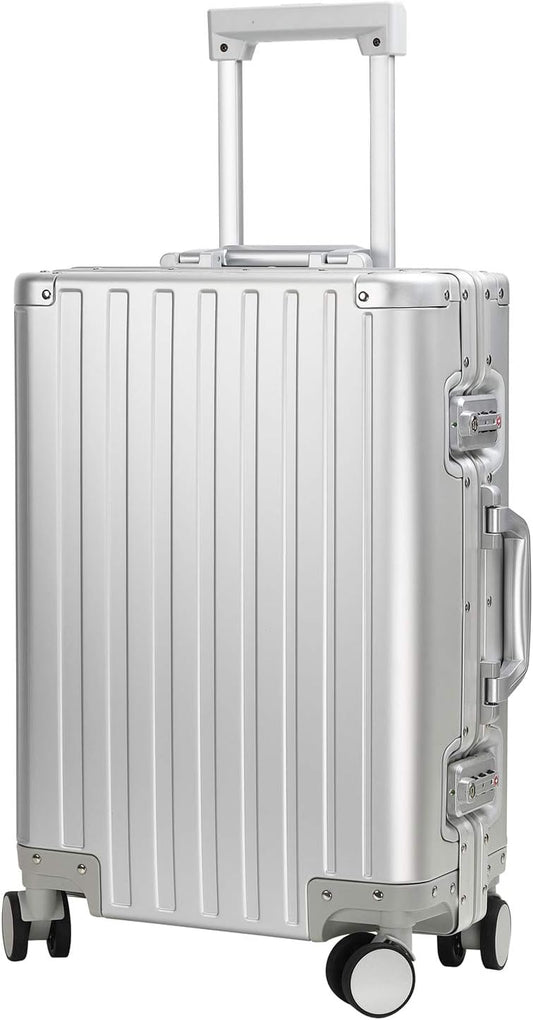25-inch Aluminum Checked Luggage: Silver - Full Metal Shell - Crush-Resistant & Burst-Proof, TSA Lock & Spinner Wheels for Business Travel - Men Women
