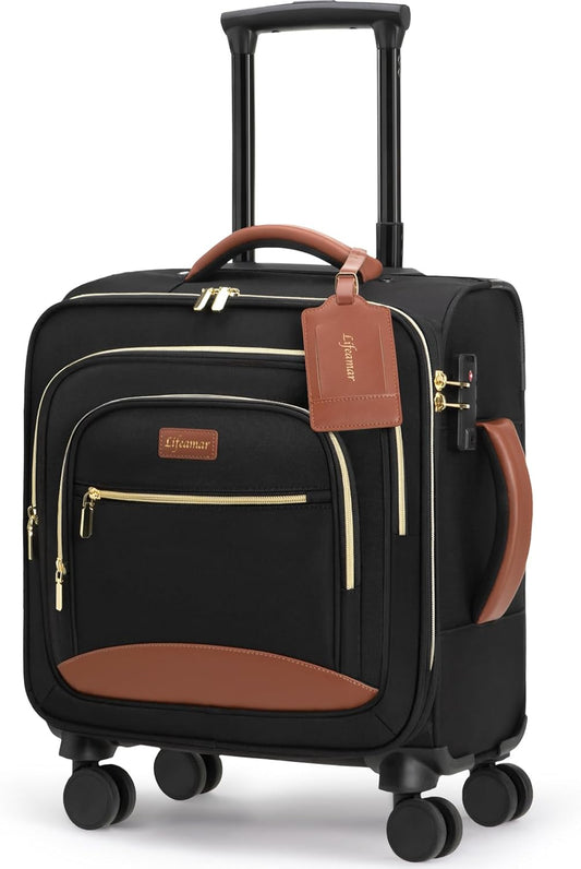 Underseat Carry On Luggage with Wheels 18x14x8 Airline Approved, 16-inch Softside Spinner Suitcase Under Seat Personal Item Travel Bag, Compact Rolling Luggage for Business & Weekend