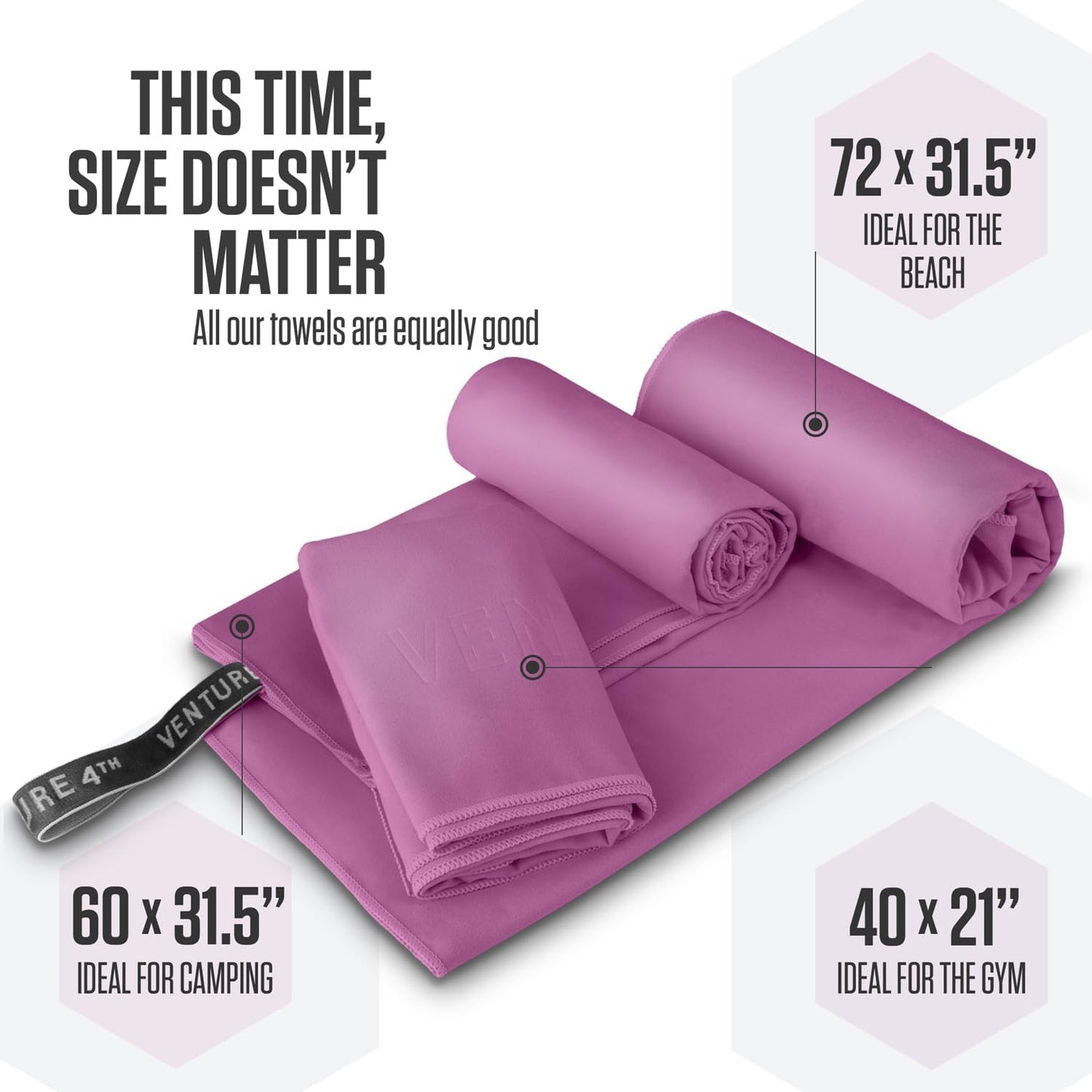 VENTURE 4TH Quick Dry Towel. Microfiber Travel Towel Ideal for Camping, Hiking, Backpacking, Gym. Lightweight & Fast Drying Travel Towels for Body. Compact & Easy to Pack - Purple Large