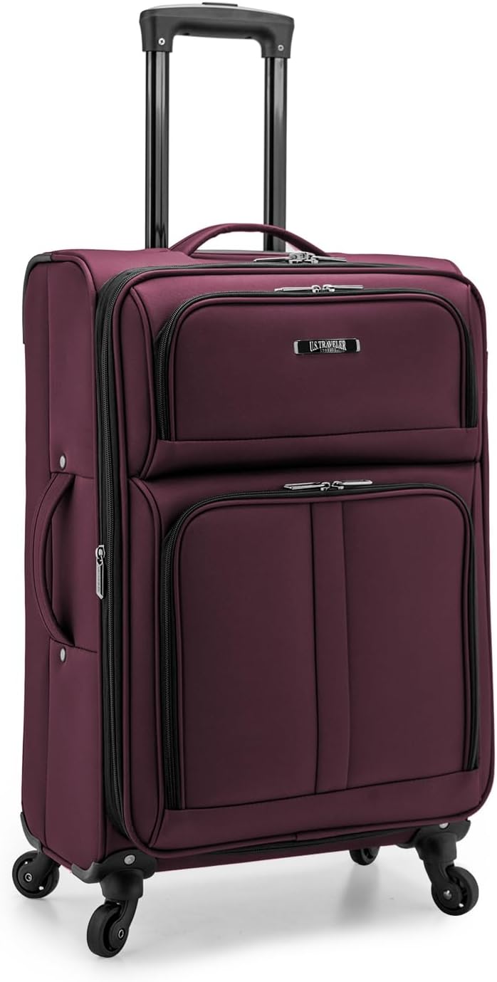 U.S. Traveler Anzio Softside Sturdy Ballistic Nylon Expandable Travel Suitcase Luggage with 4 Spinner Wheels, Burgundy, Checked-Medium 26-Inch