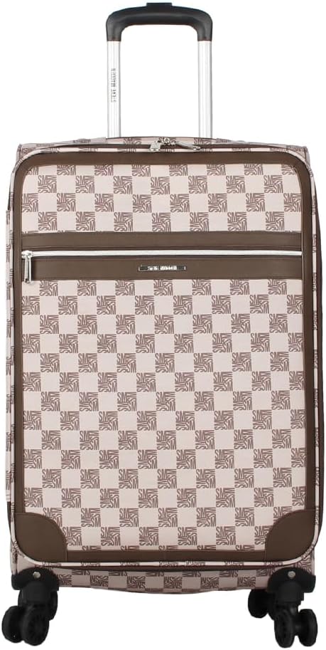 Steve Madden Designer Luggage Collection - Lightweight 24 Inch Expandable Softside Suitcase - Mid-size Rolling 4-Spinner Wheels Checked Bag (Chalet Brown, 24in)