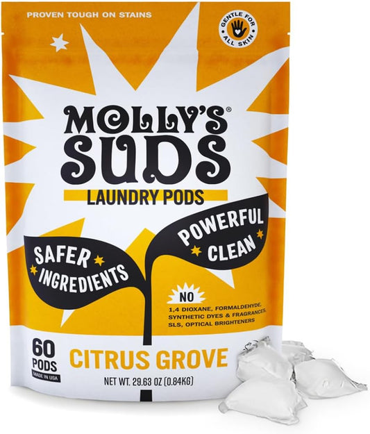 Molly's Suds Laundry Detergent Pods | Clean Detergent for Sensitive Skin | Ultra Concentrated and Stain Fighting | Citrus Grove - 60 Count