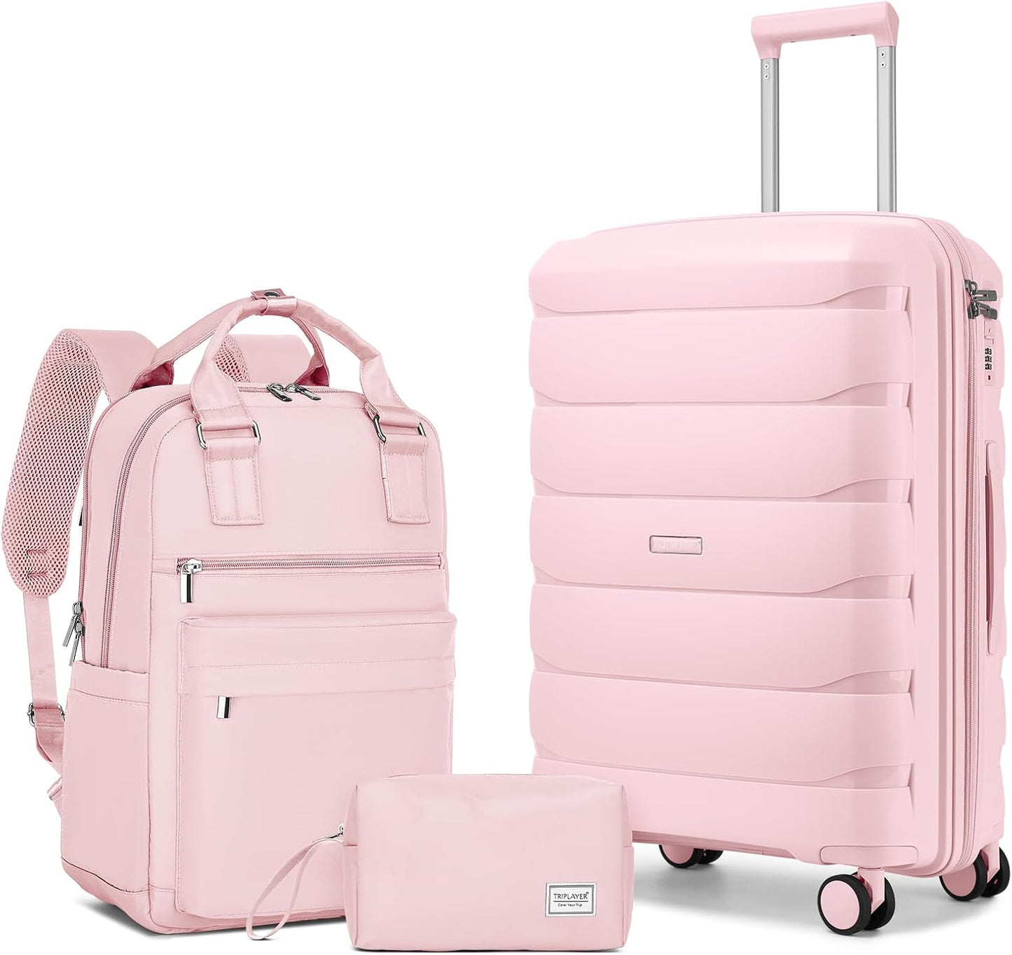 Carry On Luggage 22x14x9 Airline Approved, 22 Inch PP Hardshell Luggage Carry-on Suitcase with Spinner Wheels, Carry On Suitcase Set for Women (Pink)