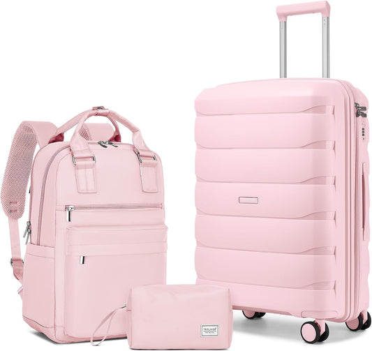 Carry On Luggage 22x14x9 Airline Approved, 22 Inch PP Hardshell Luggage Carry-on Suitcase with Spinner Wheels, Carry On Suitcase Set for Women (Pink)
