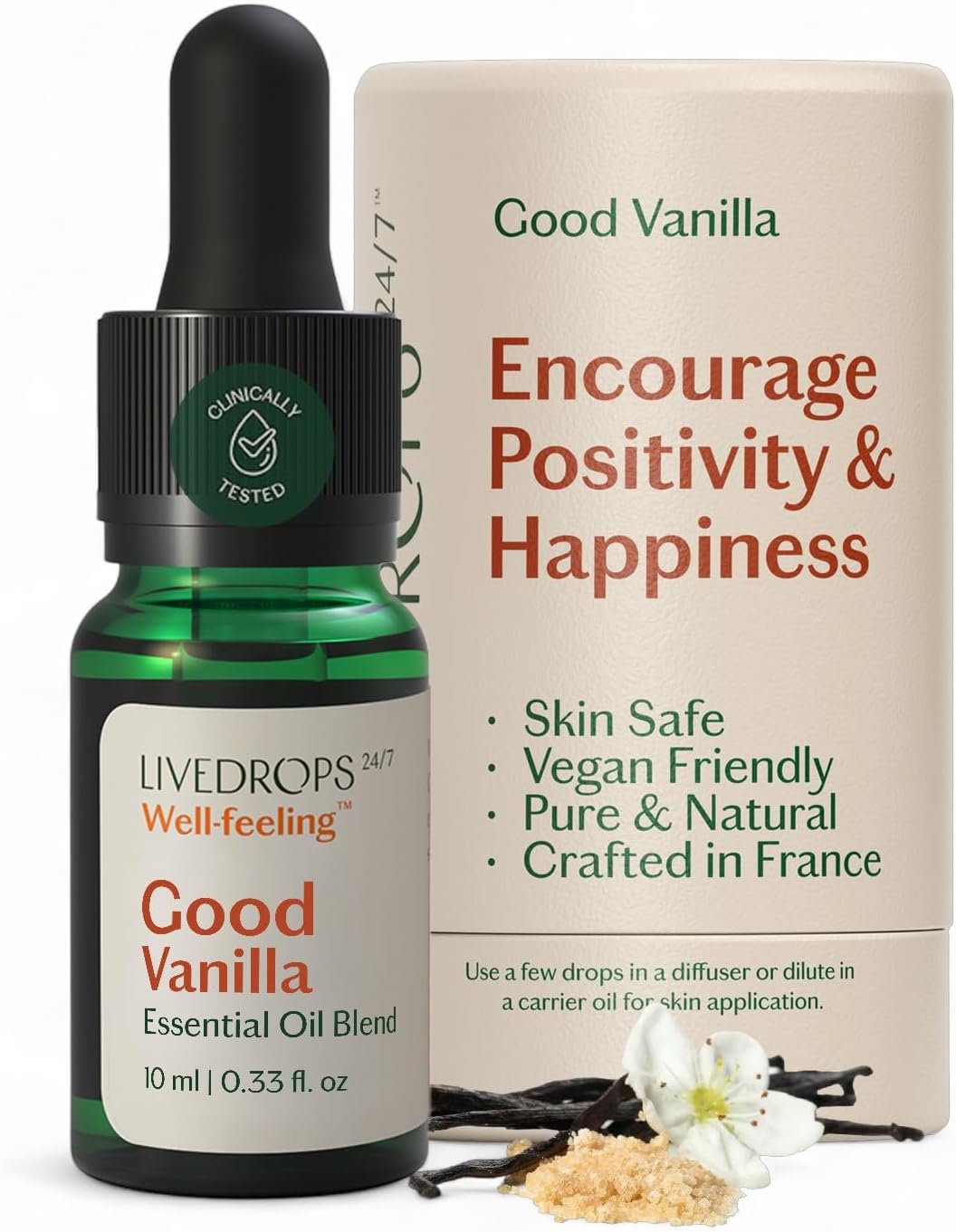 LIVEDROPS 24/7 Good Vanilla Essential Oil Blend, Natural Vegan Aromatherapy for Diffuser or Diluted Skin Use, Sweet Warm Creamy Scent, Made in France, Bottled in USA, Clinically Tested, 10ml