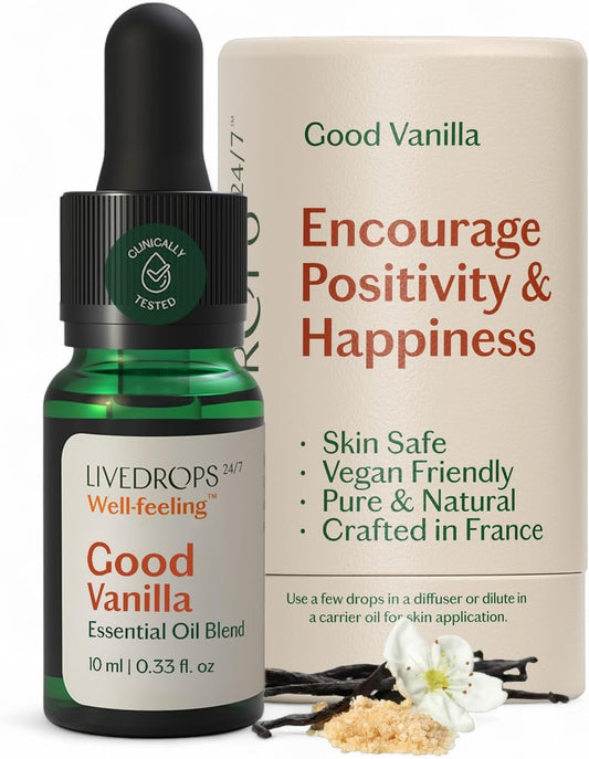 LIVEDROPS 24/7 Good Vanilla Essential Oil Blend, Natural Vegan Aromatherapy for Diffuser or Diluted Skin Use, Sweet Warm Creamy Scent, Made in France, Bottled in USA, Clinically Tested, 10ml