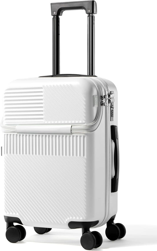 UrbanExplorer 20 Inch Carry-On Luggage with Front Opening, Cup Holder & USB Port, Lightweight ABS+PC Hardshell Spinner Suitcase, Airline Approved, 360° Wheels, White