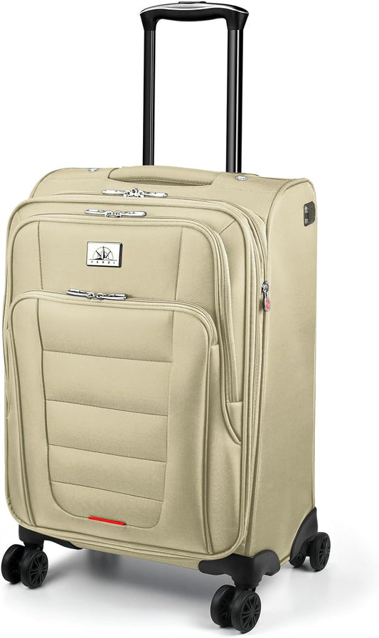 Verdi Softside Expandable Carry-On Luggage with Spinner Wheel USB Port Lightweight (Khaki, 20-Inch Carry-On)