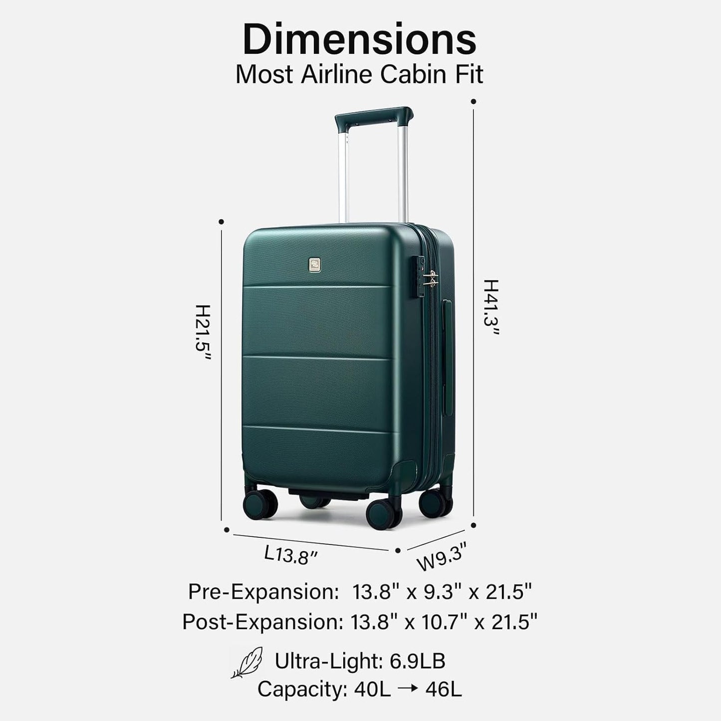 Hanke Expandable Carry On Luggage 22x14x9 Airline Approved, 20 Inch Hardside Luggage with Spinner Wheels, All-PC Hard Shell Carry-On Suitcase, Lightweight & TSA Approved (Blackish Green, 46L)