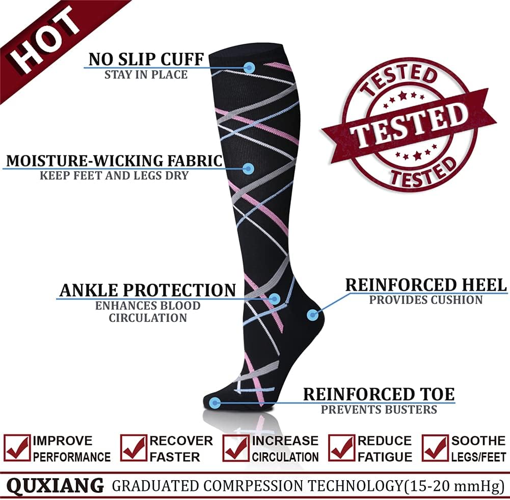 QUXIANG Copper Compression Socks for Women & Men Circulation (8 Pairs) - Best for Running Athletic Cycling - 15-20 mmHg