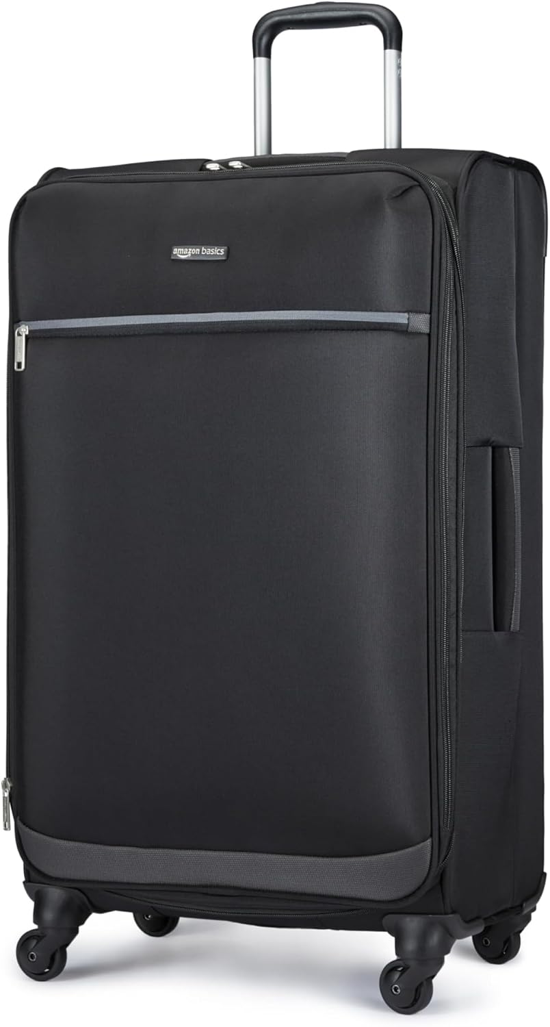 Amazon Basics Luggage, 28" Large Checked Softside Suitcase With Wheels, With Four 360-Degree Multi-directional Spinner Wheels, Expandable Capacity, Zippered Pocket and Straps, Telescopic Handle, Black