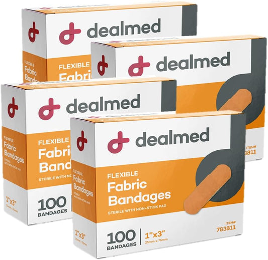 Dealmed Sterile Flexible Fabric Adhesive Bandages – 1x3 Inch – 100/Box - 4 Boxes - Breathable First Aid Strip Pack - Soft Stretch Wound Patch for Medical, Emergency Kits & Clinic