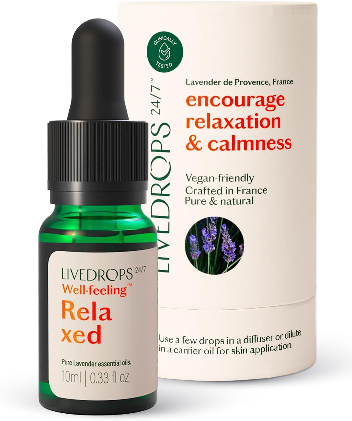 LIVEDROPS 24/7 Relaxed Lavender Essential Oil, Natural Vegan Aromatherapy for Diffuser or Diluted Skin Use, Calming Floral Herb Scent, Made in France, Bottled in USA, Clinically Tested, 10ml