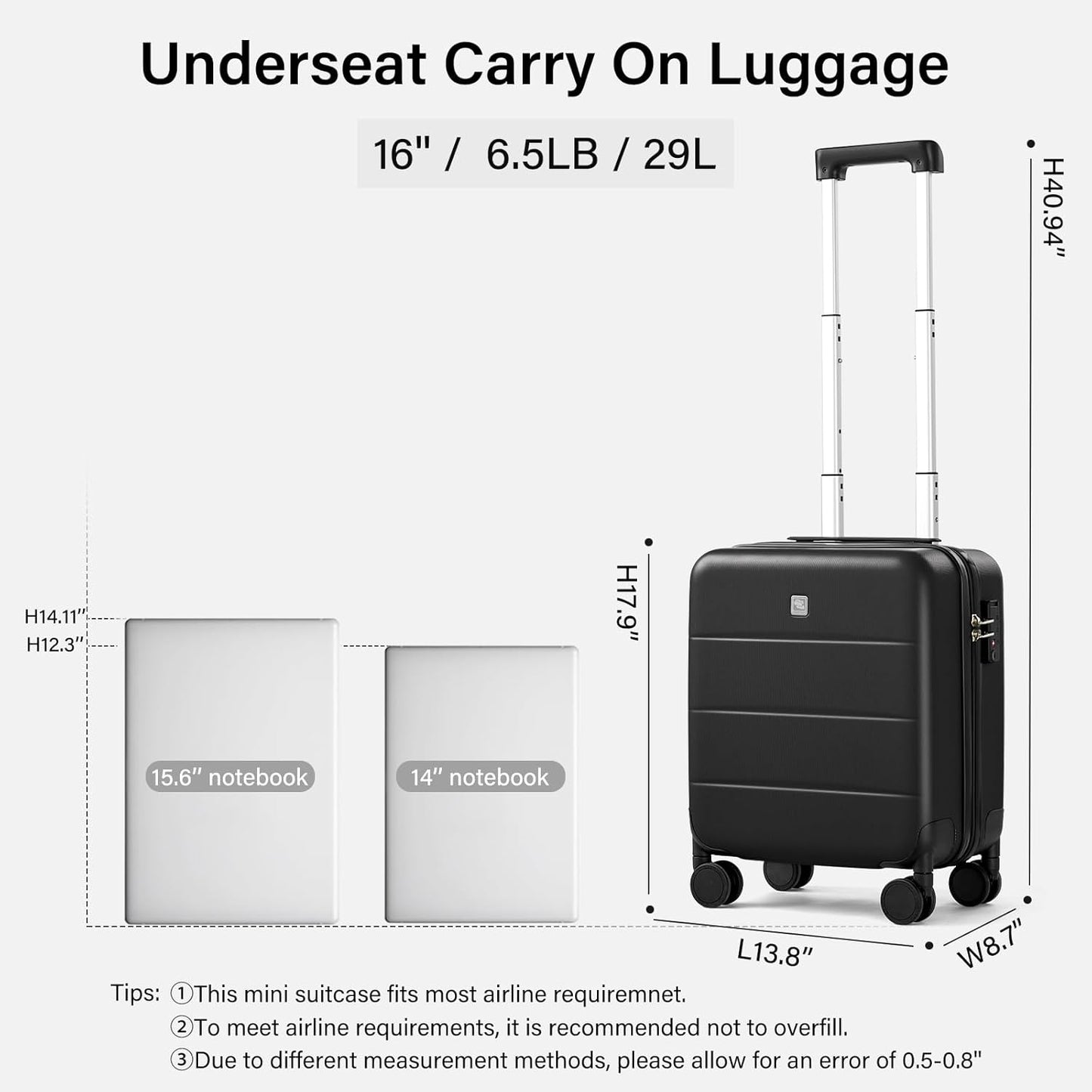 Hanke 16 Inch Underseat Carry On Luggage with Wheels Hard Shell Mini Small Suitcases Carry On Bag for Airline Approved TSA Luggage Lightweight Travel Suitcase(Black)