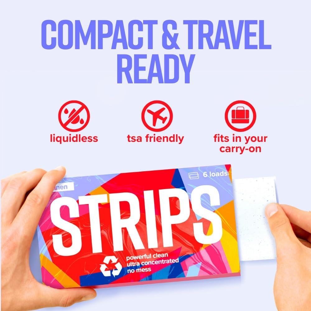 STRIPS Laundry Detergent Sheets Unscented Travel Pack (3ct, 6 loads) Fragrance Free Eco Liquidless Soap, Travel-Friendly, Dissolves in Hot & Cold, Hypoallergenic, Tackles Tough Stains & Odors
