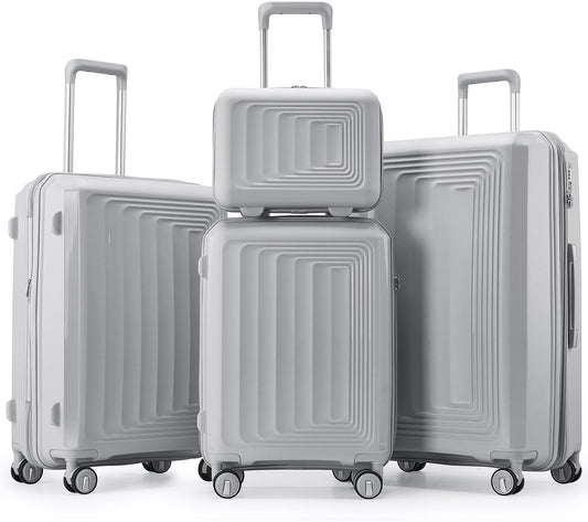 4-Piece Expandable Hardshell Luggage Set with TSA Lock (14/20/24/28) - Lightweight PP Suitcases, 360° Silent Spinner Wheels and Durable 100LB Handle for Air Travel (C# Silver)