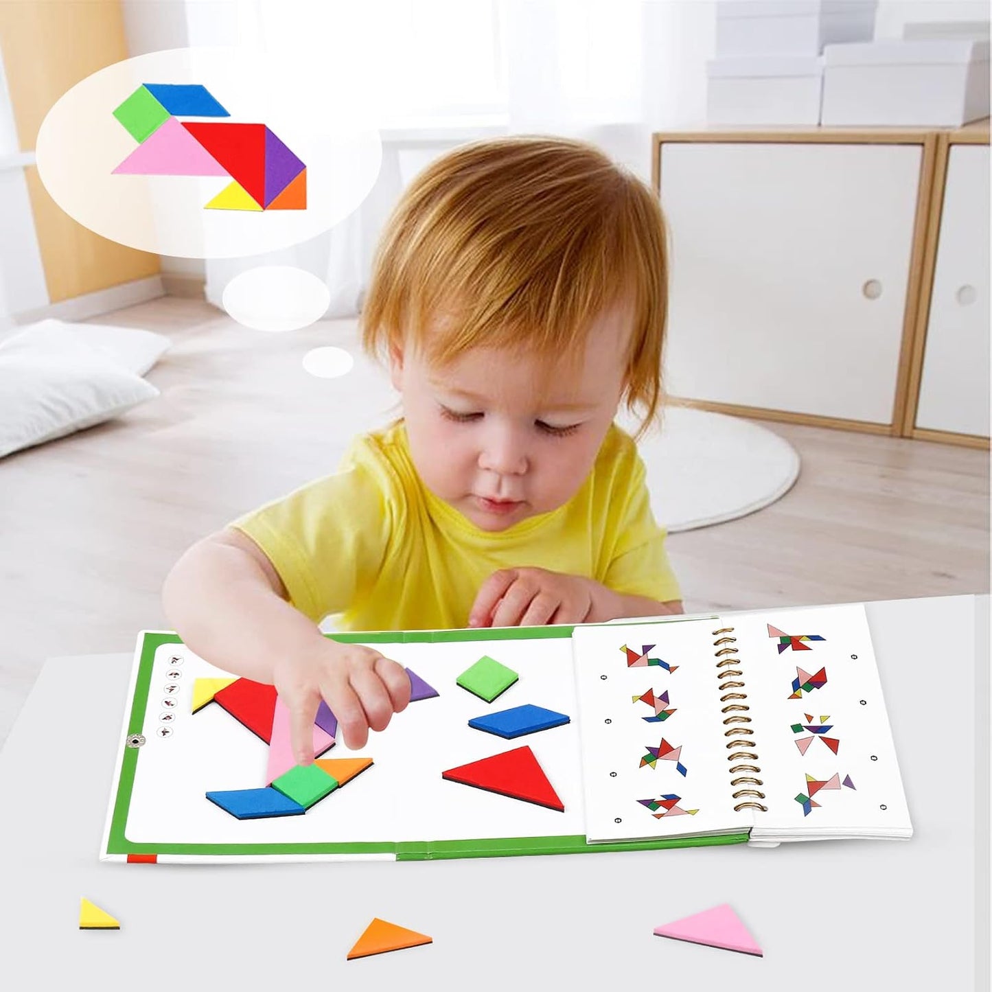 USATDD Travel Tangram Puzzle with 2 Set, Magnetic Pattern Blocks Road Trip Travel Games Jigsaw Montessori Brain Blocks IQ Book with 368 Solution Brain Teasers for Kids Adults Challenge