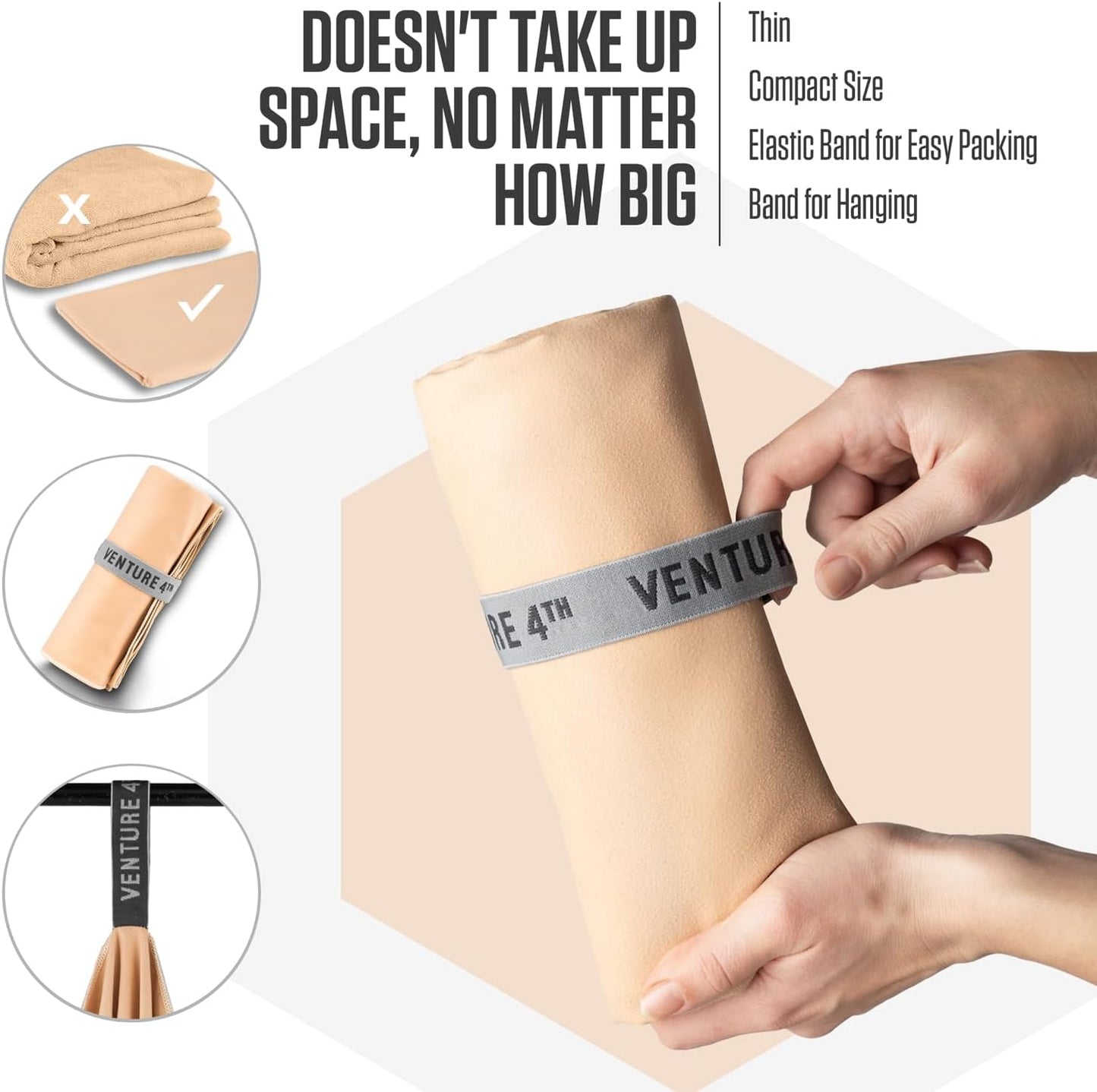 VENTURE 4TH Quick Dry Towel. Microfiber Travel Towel Ideal for Camping, Hiking, Backpacking, Gym. Lightweight & Fast Drying Travel Towels for Body. Compact & Easy to Pack - Beige Medium