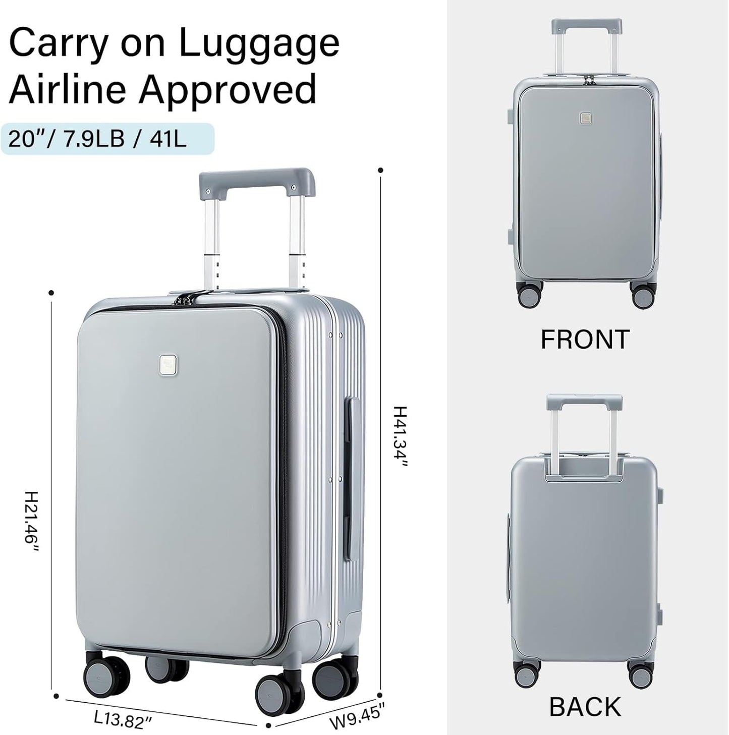 Hanke Grace Hard Shell Suitcases with Wheels,20 Inch Carry On Luggage Airline Approved with Aluminum Frame, Travel suitcase with Front Pocket Travel Luggage for Short Business Trips, Grey.