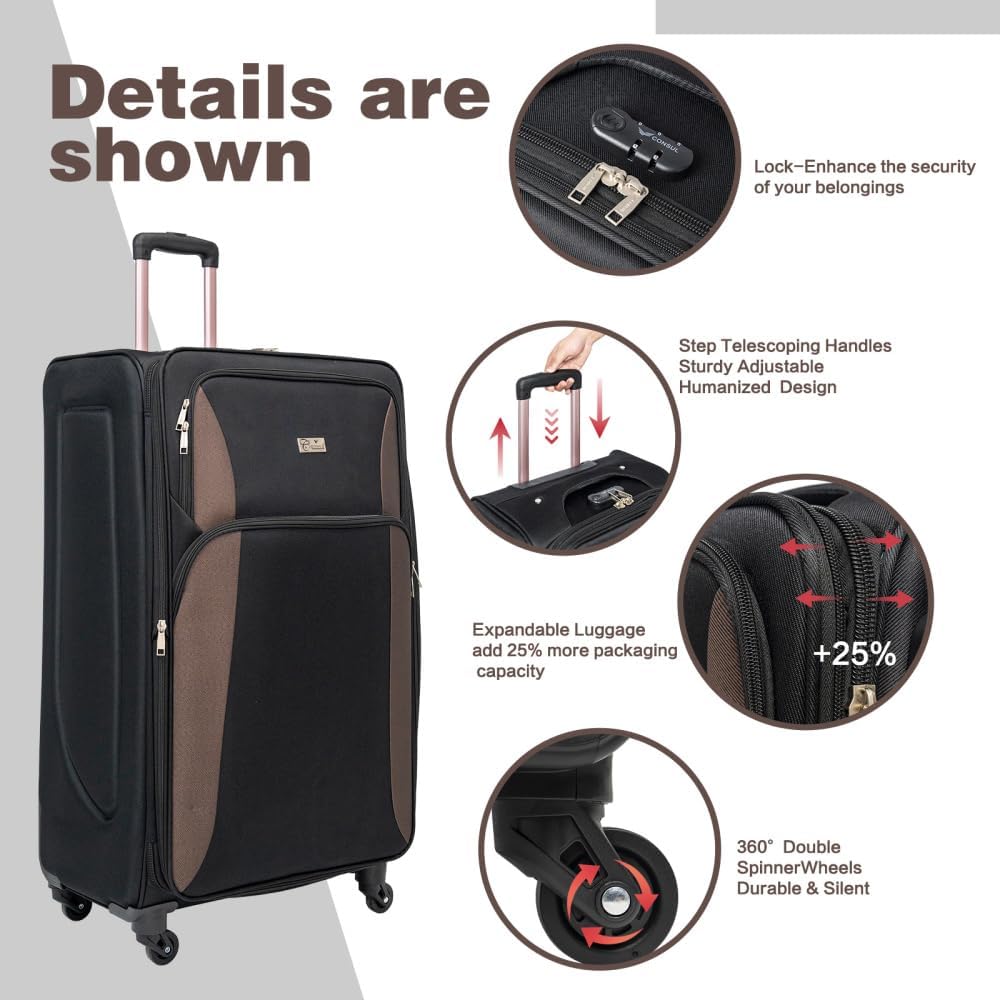 Lispin Luggage Set Softshell Expandable 4 Piece Suitcase with Wheels Softside Lightweight Travel Carry on Luggage (Black + Polyester)