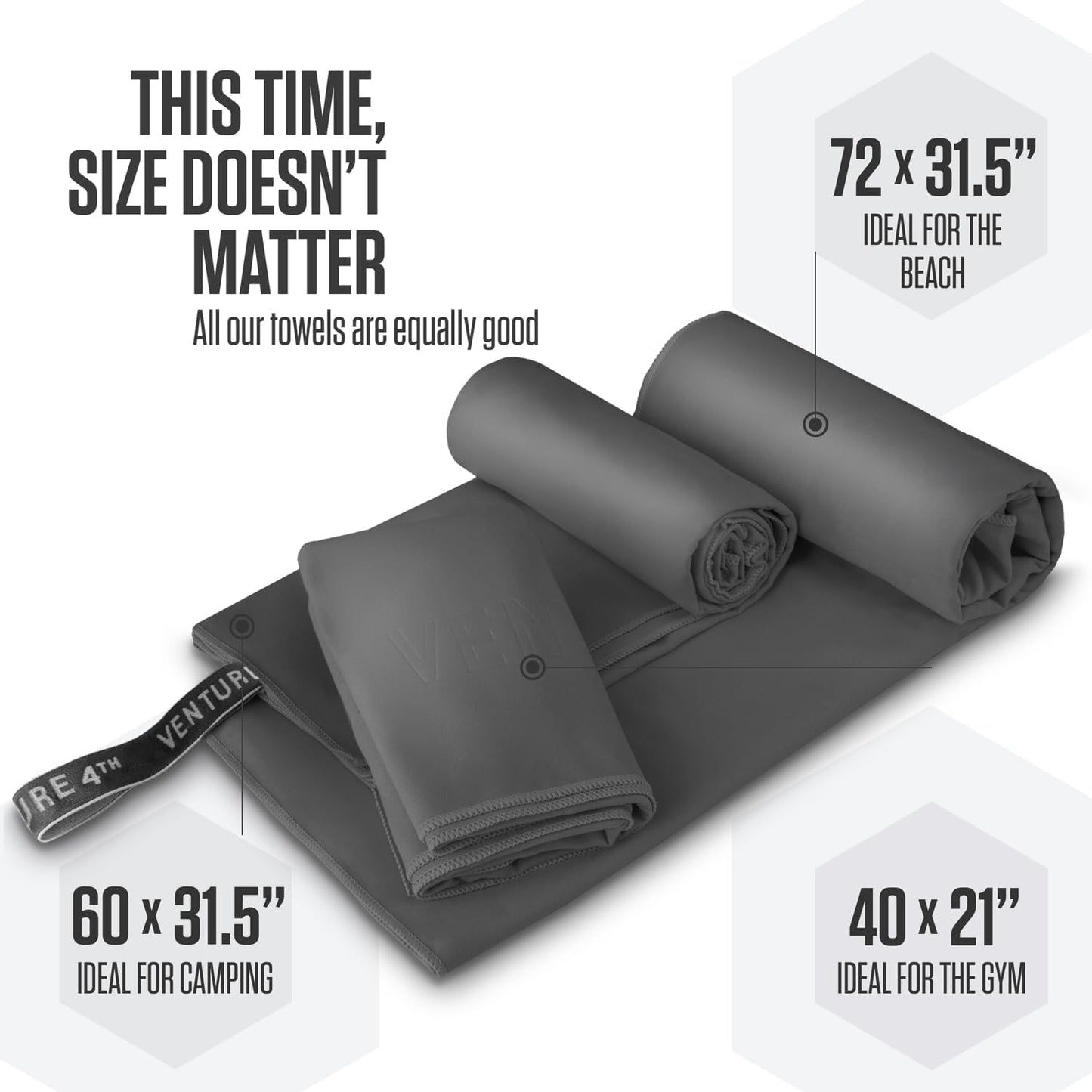 VENTURE 4TH Quick Dry Towel. Microfiber Travel Towel Ideal for Camping, Hiking, Backpacking, Gym. Lightweight & Fast Drying Travel Towels for Body. Compact & Easy to Pack - Charcoal Medium