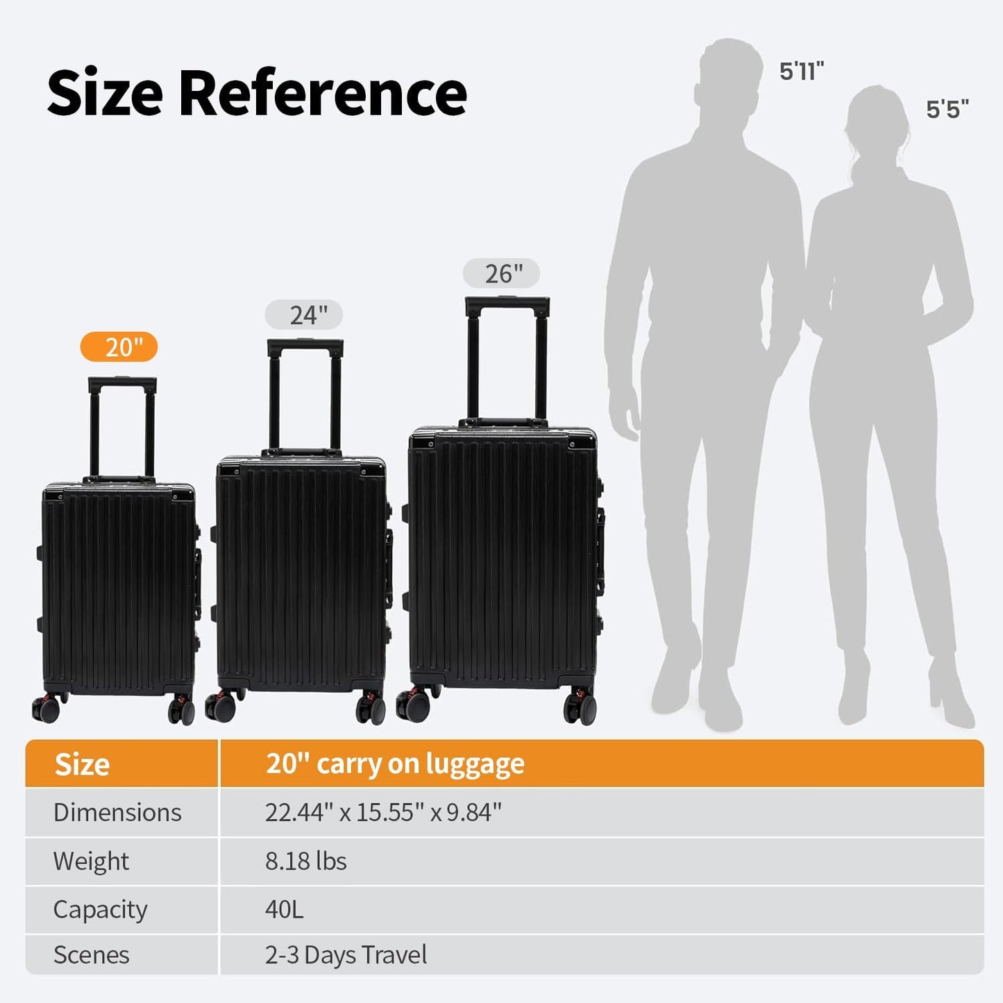 Carry On Luggage 22x14x9 Airline Approved, Zipperless Luggage Carry On, Hard Shell Suitcases with TSA Lock, Lightweight Carry On Suitcases with Aluminum Frame (black, 20inch)