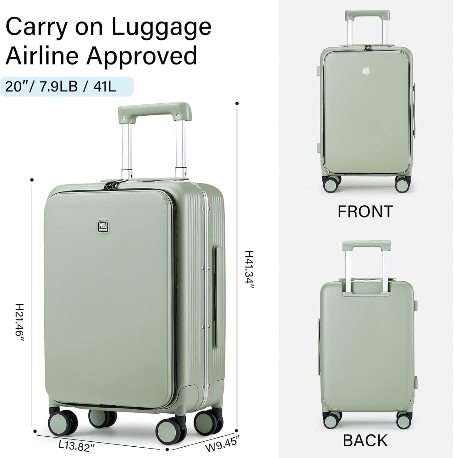 Hanke Grace Hard Shell Suitcases with Wheels,20 Inch Carry On Luggage Airline Approved with Aluminum Frame, Travel suitcase with Front Pocket Travel Luggage for Short Business Trips, Bamboo Green.