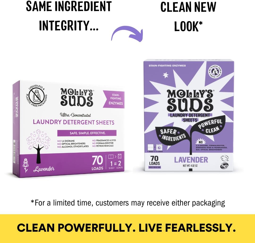 Molly’s Suds Laundry Detergent Sheets | Gentle on Sensitive Skin, Powerful Bio-Based Enzymes, Stain-Fighting | Liquidless & Plastic-Free Packaging | 120 Loads (Lavender)