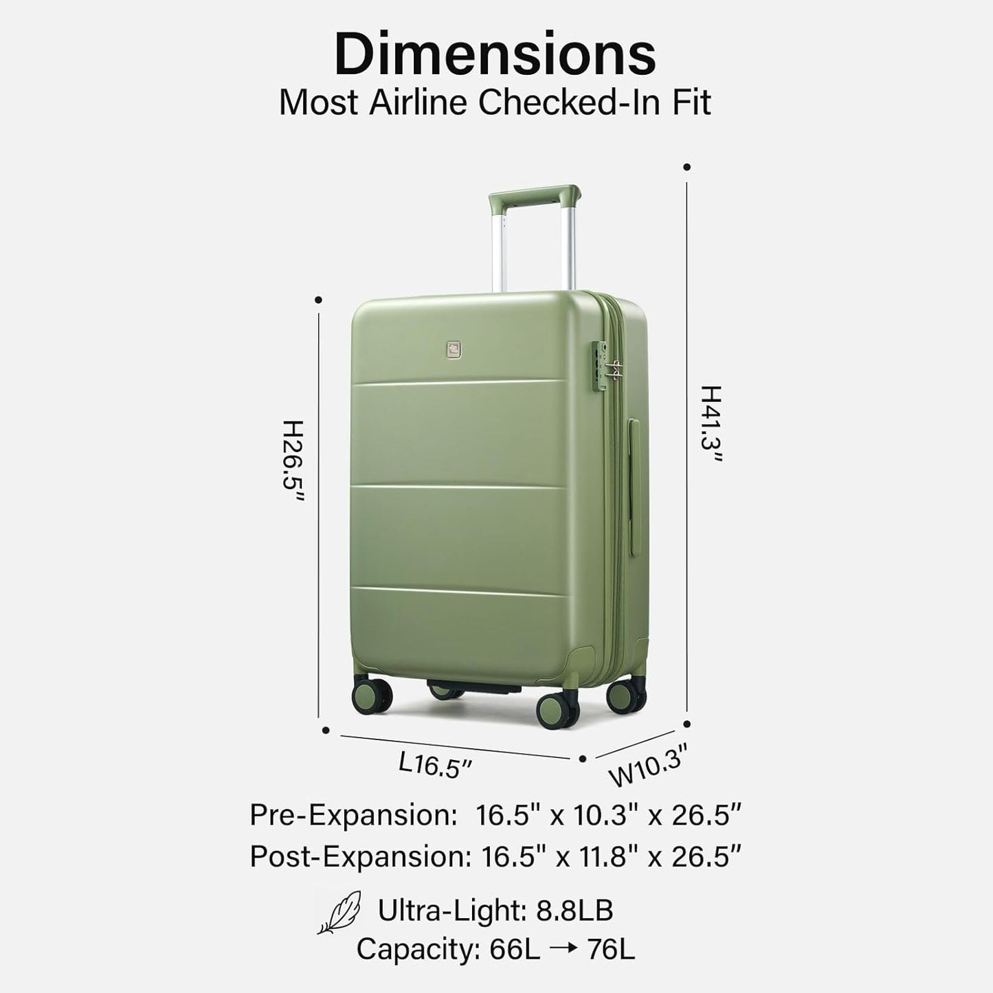 Hanke Expandable 24 Inch Luggage with Spinner Wheels, Hardside Medium Checked luggage, All-PC Hard Shell Suitcase, TSA Lock, Lightweight Checked-Medium (Bamboo Green, 76L)