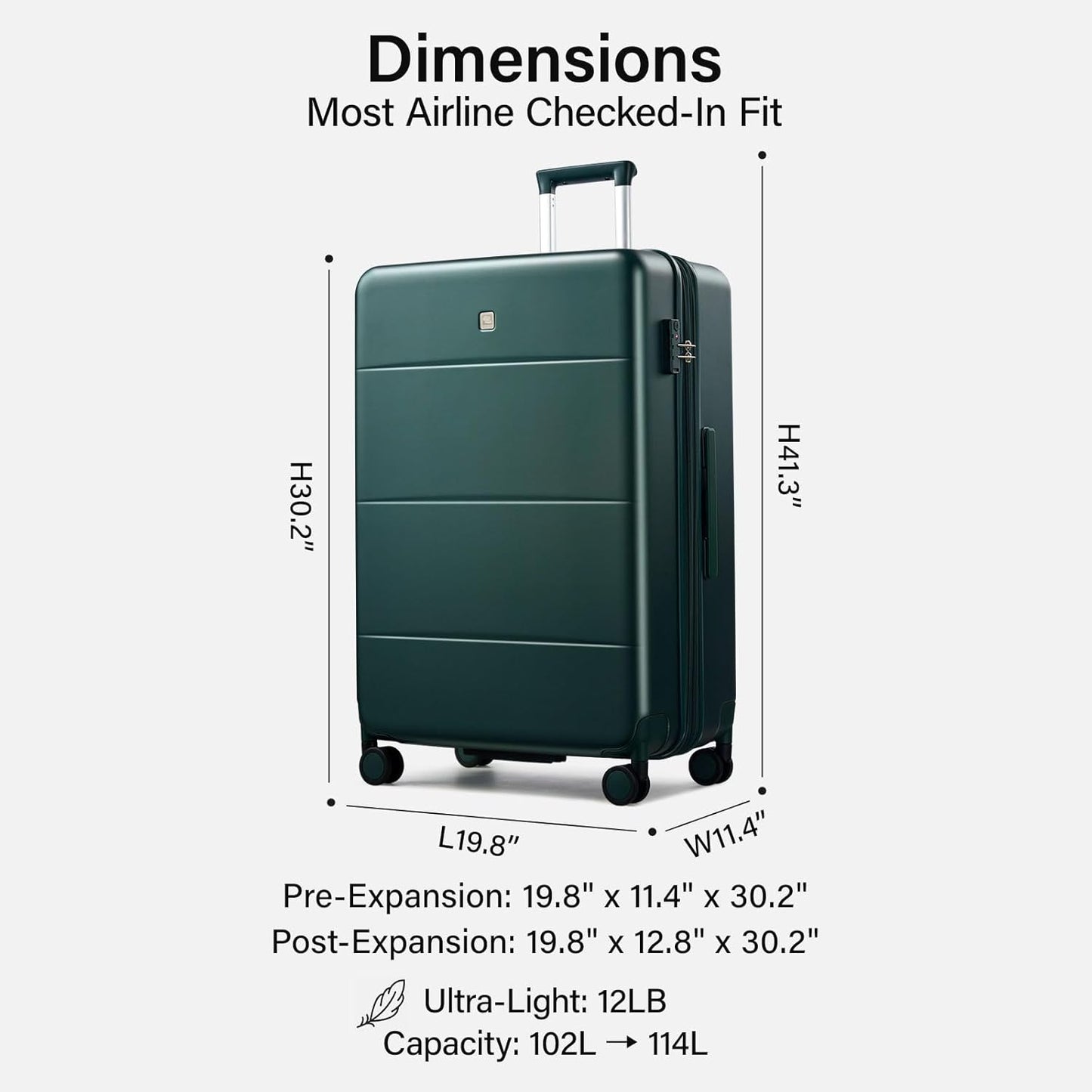 Hanke Expandable 28 Inch Luggage with Spinner Wheels, Hardside Large Suitcase, All-PC Hard Shell Checked Luggage, TSA Lock, Durable Checked-Large (Blackish Green, 114L)