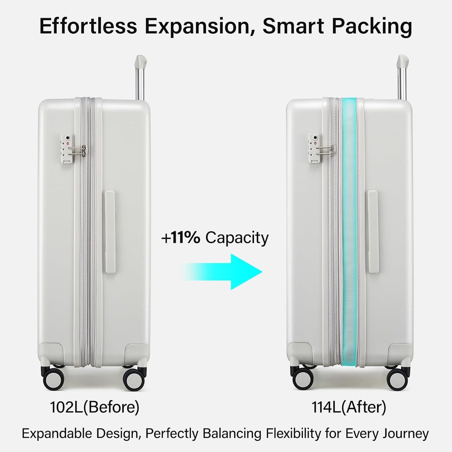 Hanke Expandable 28 Inch Luggage with Spinner Wheels, Hardside Large Suitcase, All-PC Hard Shell Checked Luggage, TSA Lock, Durable Checked-Large (Smoke White, 114L)