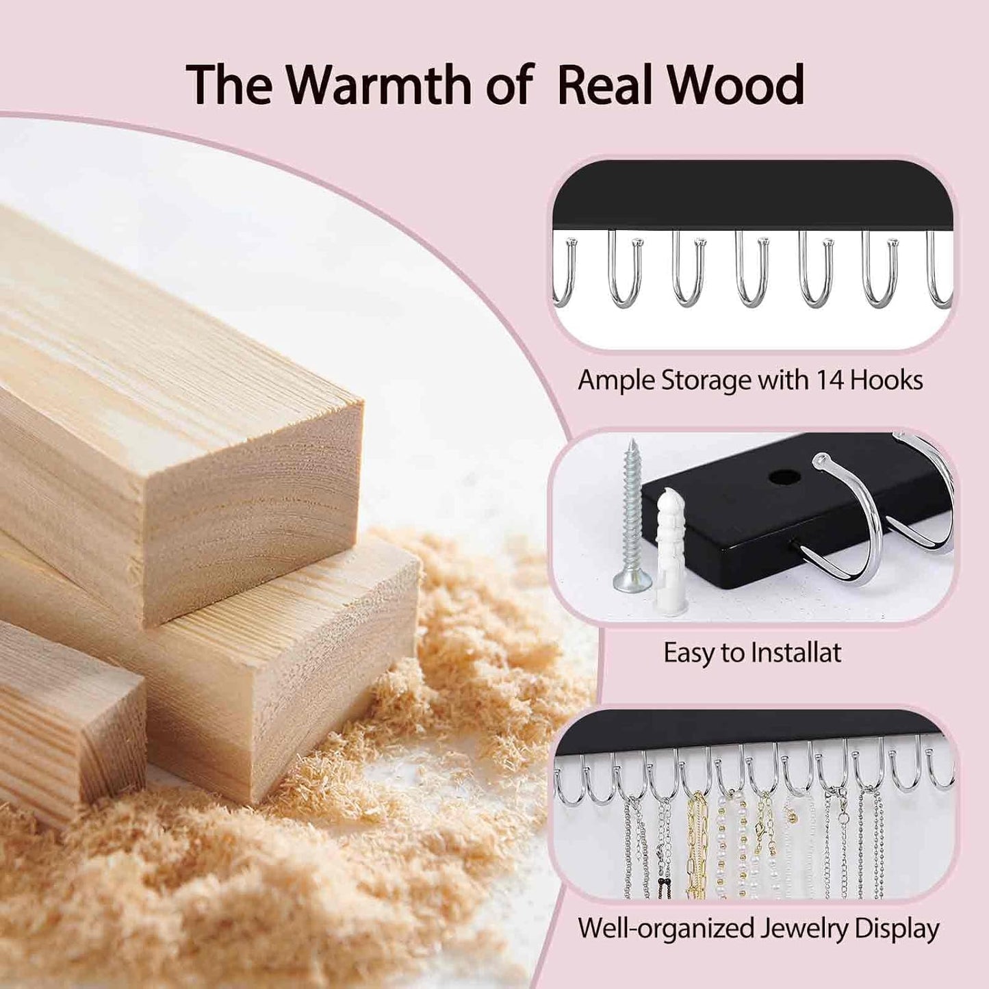 Wall Mounted Necklace Holder, Classic Style Necklace Holder, Tangle-Free Wall Jewelry Organizer with 28 Hooks(2 Packs,Black)