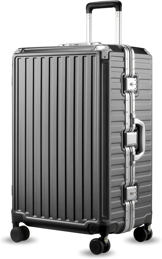 LUGGEX Checked Suitcase with Spinner Wheels, 8010S Aluminum Frame Zipperless Polycarbonate Hard Shell Suitcase (ZX-Core, Charcoal Metallic, 28 Inch)