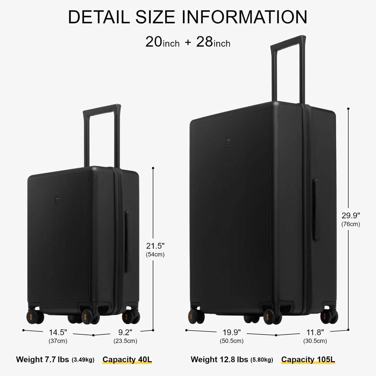 LEVEL8 Elegance Matte Luggage Set, 20 Inch Carry-on Luggage, 28“ Large Suitcase Lightweight Hardside Suitcases with Wheels,Tsa Lock,2-Piece Set(20/28), Black