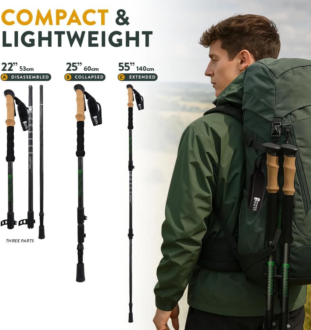 100% Carbon Fiber Trekking Poles by USA Brand - Ultra Strong Lightweight Collapsible Hiking Poles with Cork and EVA Foam Grips & Quick Adjustable Flip Locks