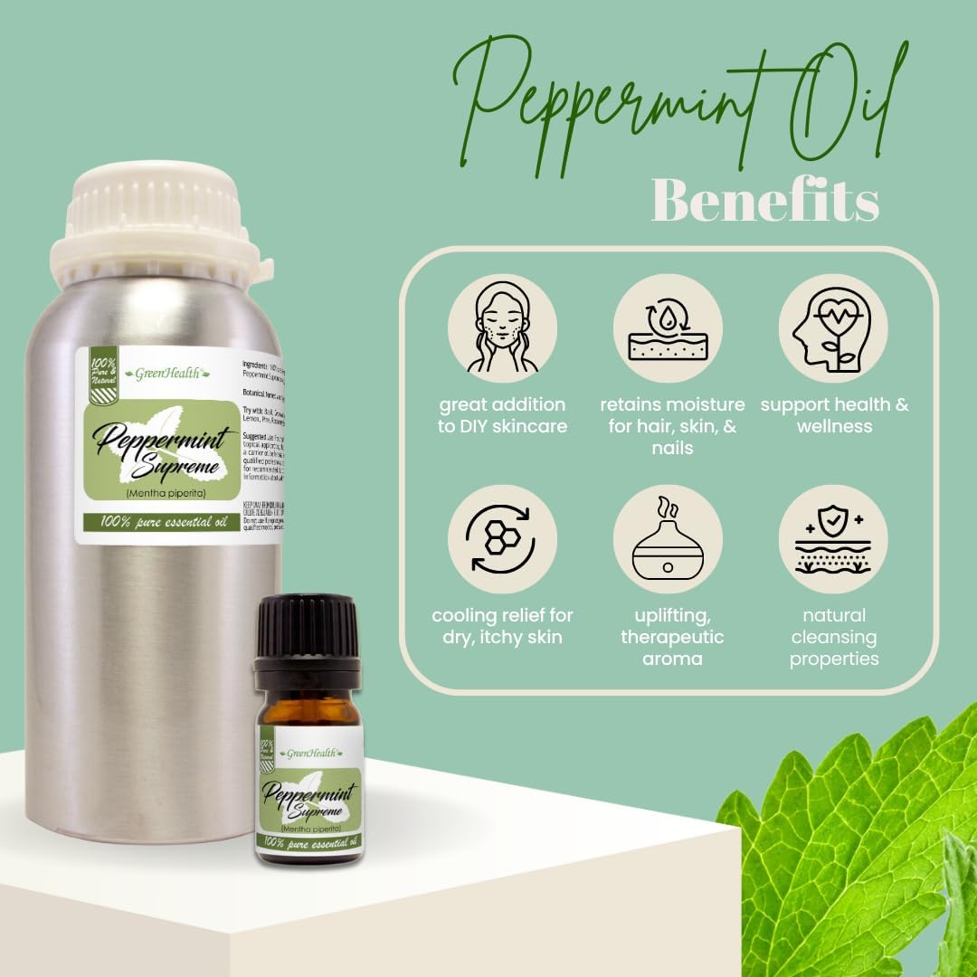 Peppermint Essential Oil (Mentha piperita) – 16 fl oz – 100% Pure & Uncut – Aluminum Bottle – GreenHealth