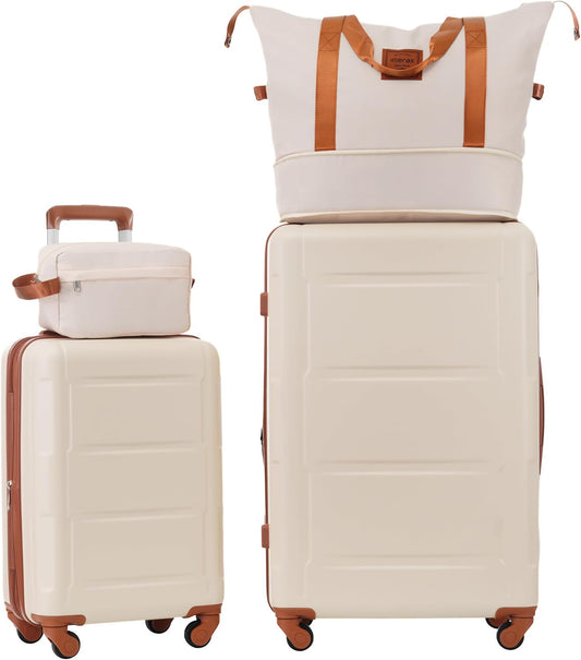 Merax Luggage Sets 2 Piece Suitcase Set, Hardshell 20 IN & 28 IN Suitcase Set with Duffel Bag, Travel Suitcases with Spinner Wheels and TSA Lock(Khaki & Brown)